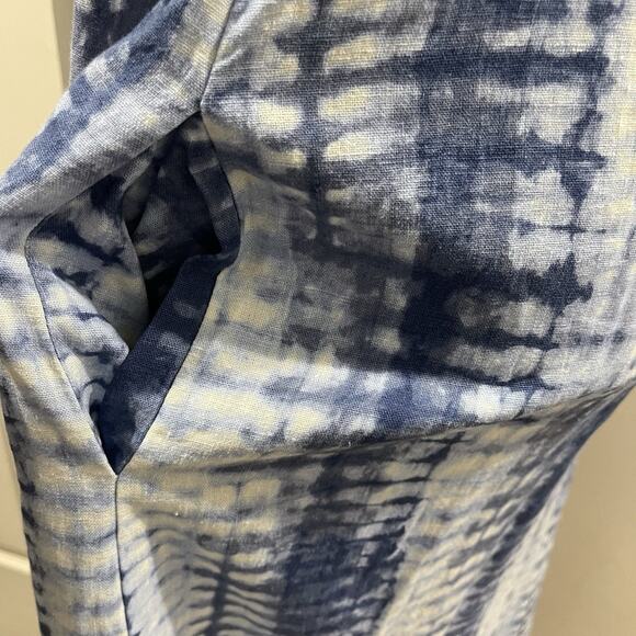 Vince Camuto Tie Dye Midi Dress L Blue Linen Blend Beachy Coastal Vacation - Picture 5 of 8